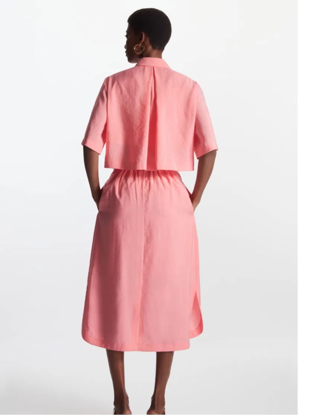 COS Pink Coral Midi Shirt Dress Tie Waist Minimalist Quiet Luxury size 8 - Picture 2 of 8